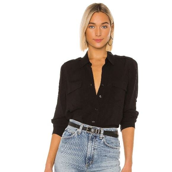 L'Agence Lunetta Roll Tab Sleeve Front Button Shirt Matte Black Women's Size XS - Picture 1 of 7